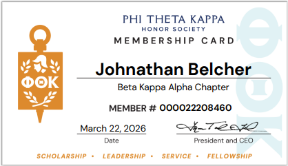 Phi Theta Kappa membership card for Johnathan Belcher