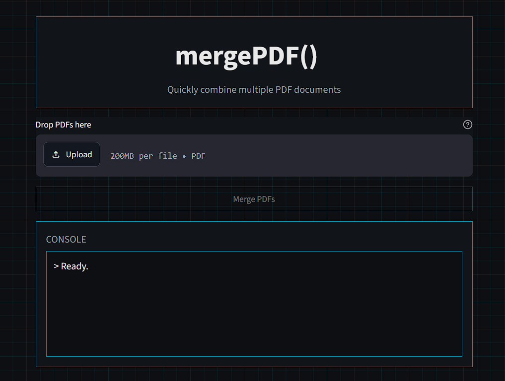 mergePDF Streamlit GUI showing a SOC-style interface for merging PDF files