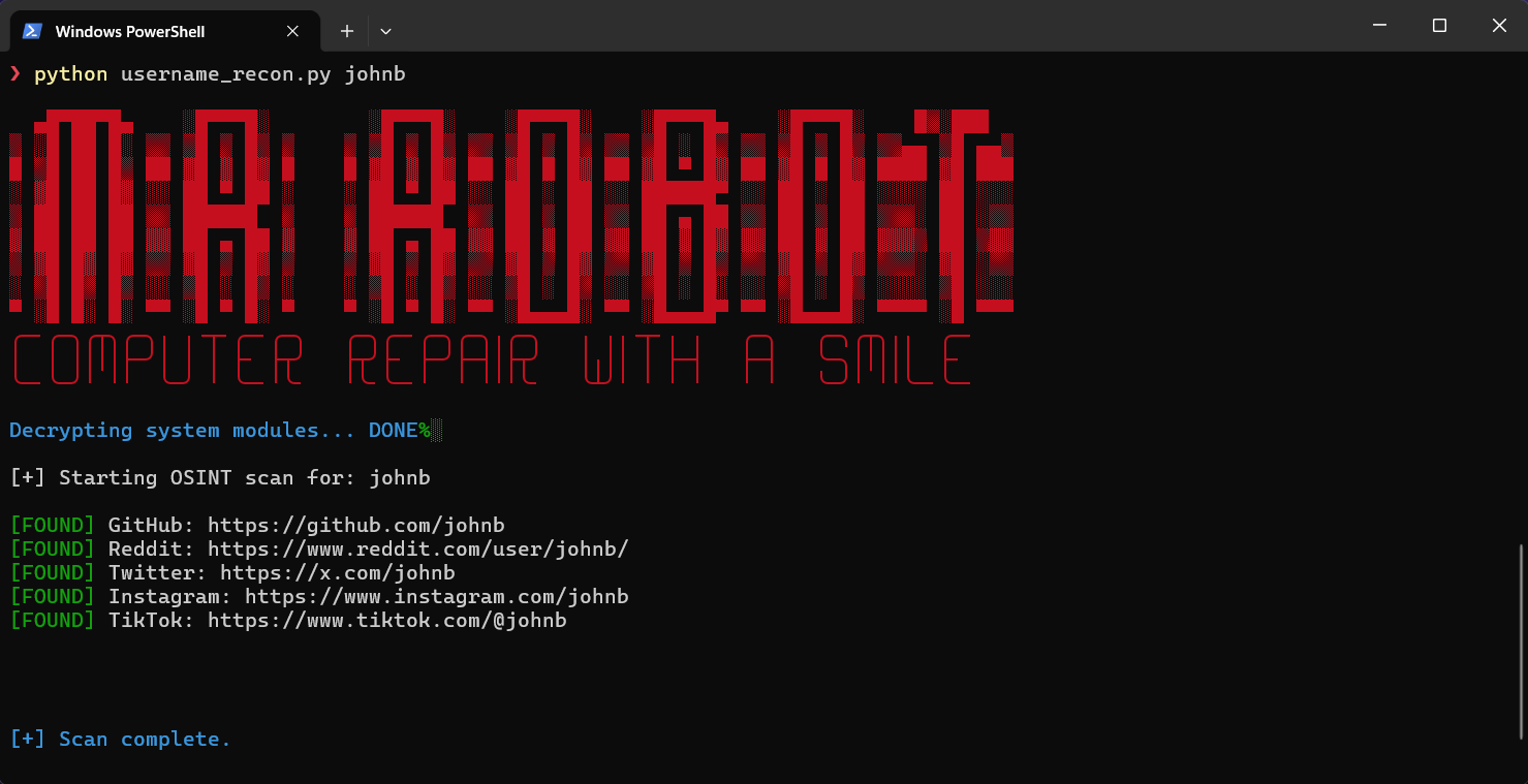 Username recon tool scanning for the username "johnb"